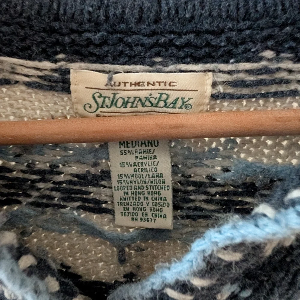 Vintage Fair Isle Abstract Chunky Collared Wool Blend Henley Sweater In Blue - Picture 6 of 6